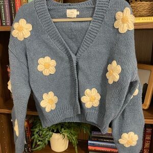 Luna Ivy Blue 3D Floral Flower Chunky Knit Anthropologie Cardigan Sweater Small